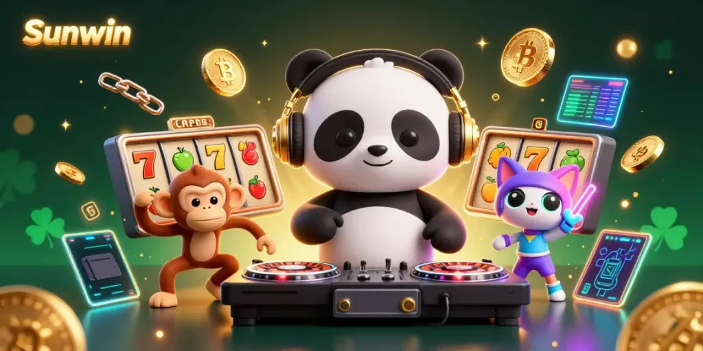 Experience excitement with Sunwin's vibrant DJ panda, breakdancing monkey, and party kitten in an electrifying casino scene.