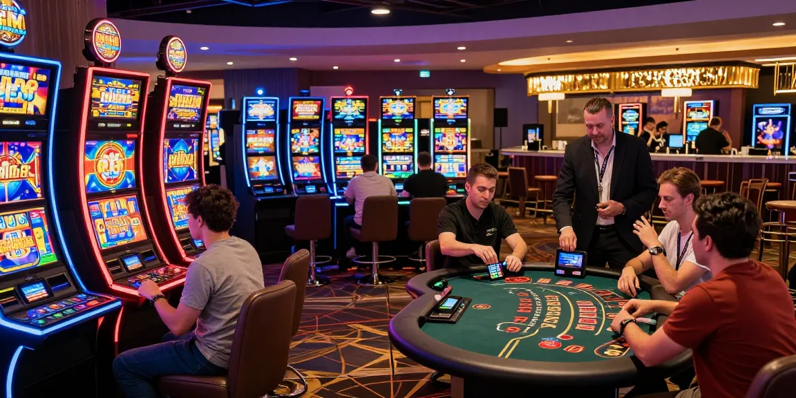 KO66 Casino lively gaming environment with players and vibrant slot machines