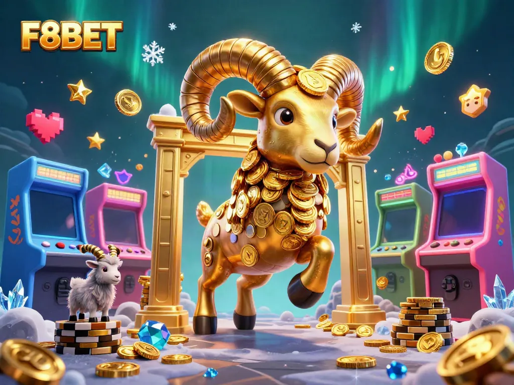 Experience F8BET's vibrant casino world with a golden ram charging through a dynamic game scene.