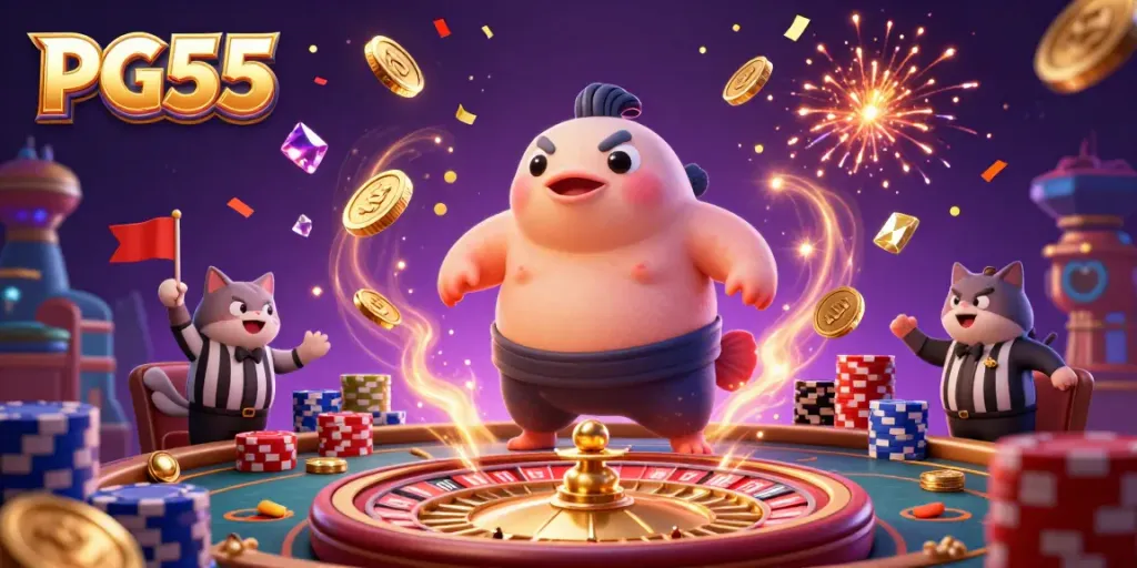 Experience thrilling gaming action at PG55 with a cartoon fugu in an underwater casino setting featuring vibrant casino elements.
