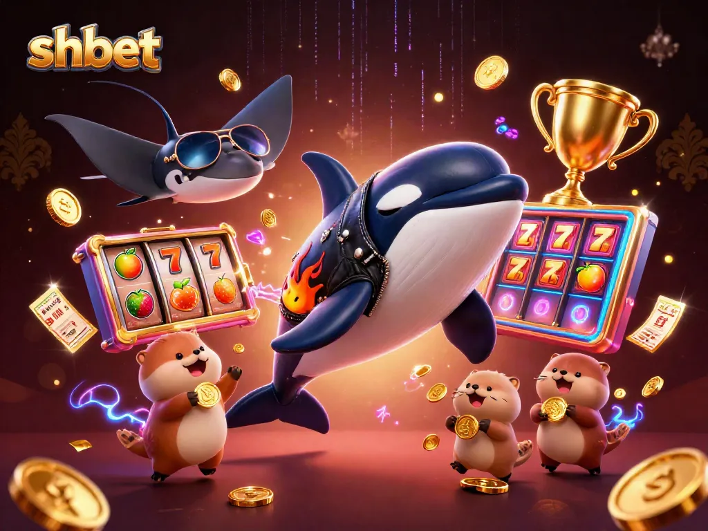 shbet showcases a vibrant 3D illustration of slot game fun with gold coins and lively characters.