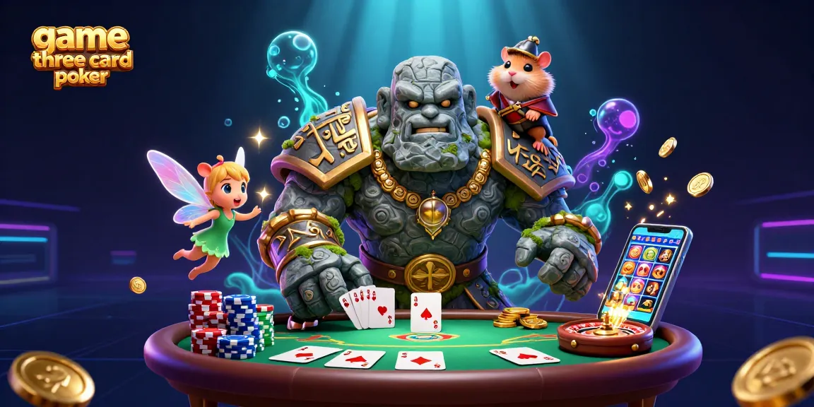 Play the exciting game three card poker surrounded by vibrant casino elements, including cards and chips.