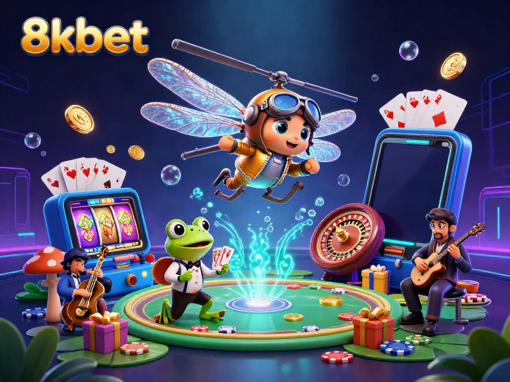Experience the thrilling world of 8kbet with a vibrant casino scene featuring a dragonfly pilot and frog croupier.