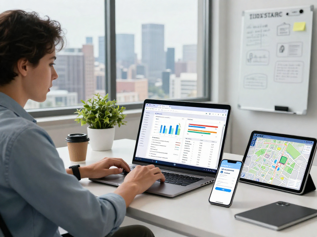 Real estate professional using IDXSTAR technology at a modern office with analytics displayed on laptop.
