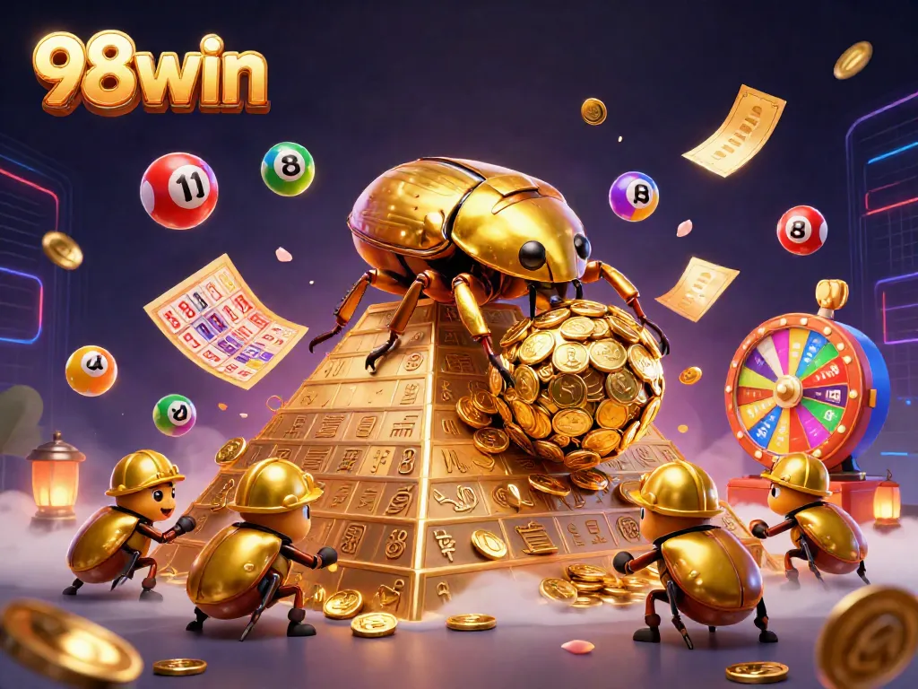Engage with thrilling games at 98win, featuring vibrant visuals of lottery elements and golden rewards.