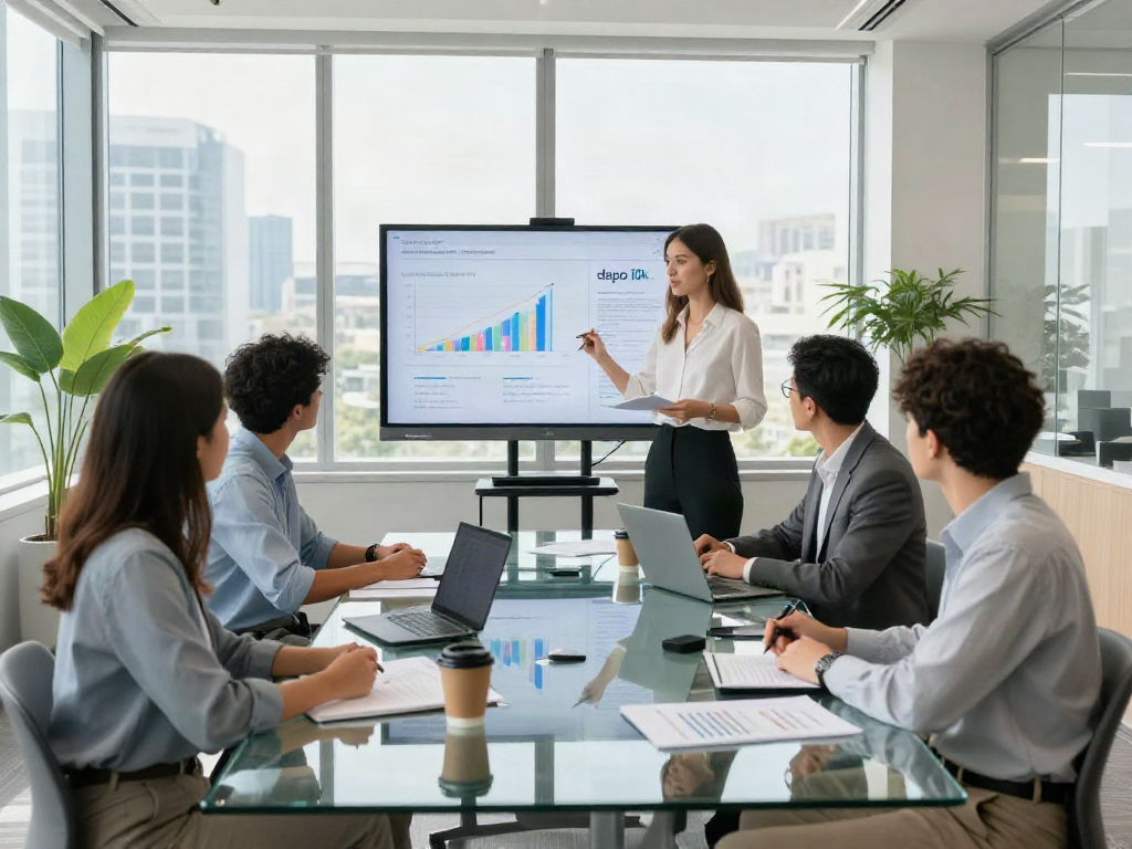 Team collaborating in a modern conference room discussing depo 10k insights with vibrant visuals.
