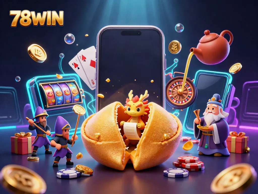 Engage with the vibrant 78WIN casino adventure featuring golden dragon, fortune cookie, and thrilling game elements.