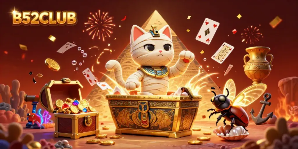 B52CLUB showcases a vivid 3D illustration of a cartoon mummy cat emerging from a sarcophagus in a pyramid casino.