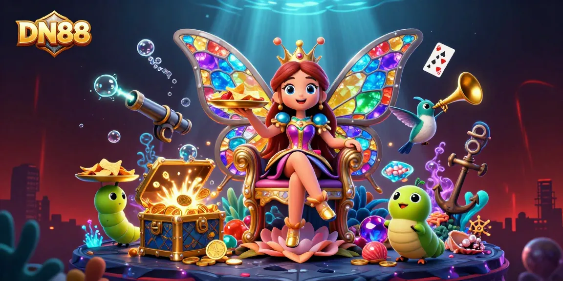 Experience thrilling casino action with DN88 as the butterfly queen reigns over a colorful treasure-filled scene.