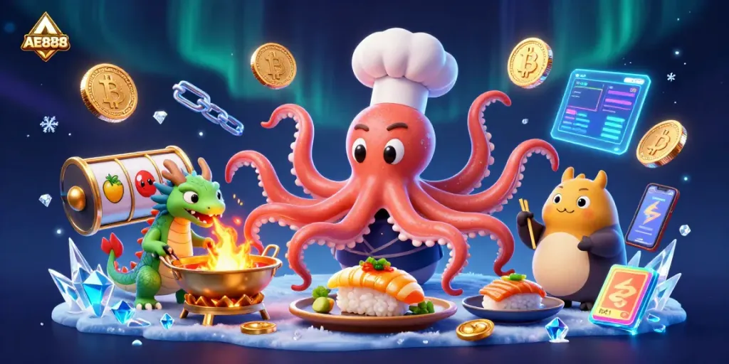 Experience thrill with AE888 at a vibrant casino scene featuring a sushi chef octopus and dragon.