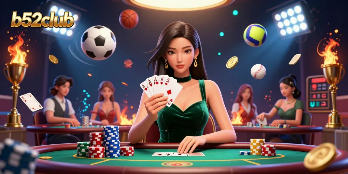 B52club showcases a focused Asian woman at a poker table, surrounded by dynamic gaming elements.