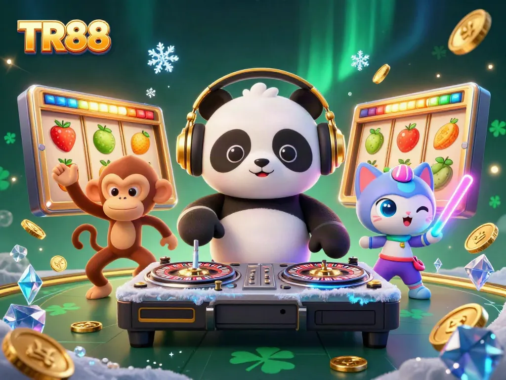 Experience the excitement of TR88 slot gaming with DJs and vibrant characters in an energetic casino atmosphere.