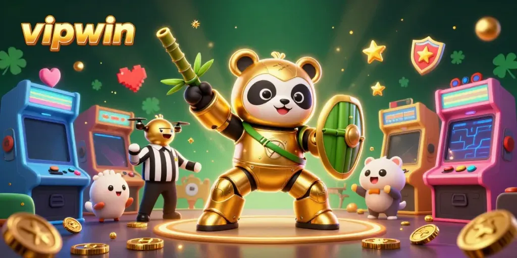 Experience thrilling wins at vipwin with a vibrant 3D casino illustration showcasing a unique mech-suit panda gaming scene.