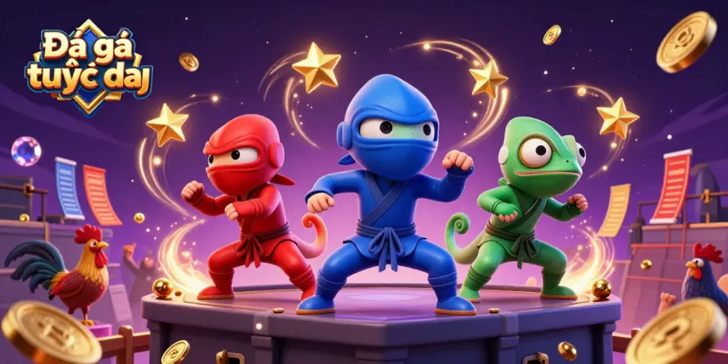 Experience Đá gà trực tiếp with dynamic chameleon ninjas battling in a vibrant betting scene.