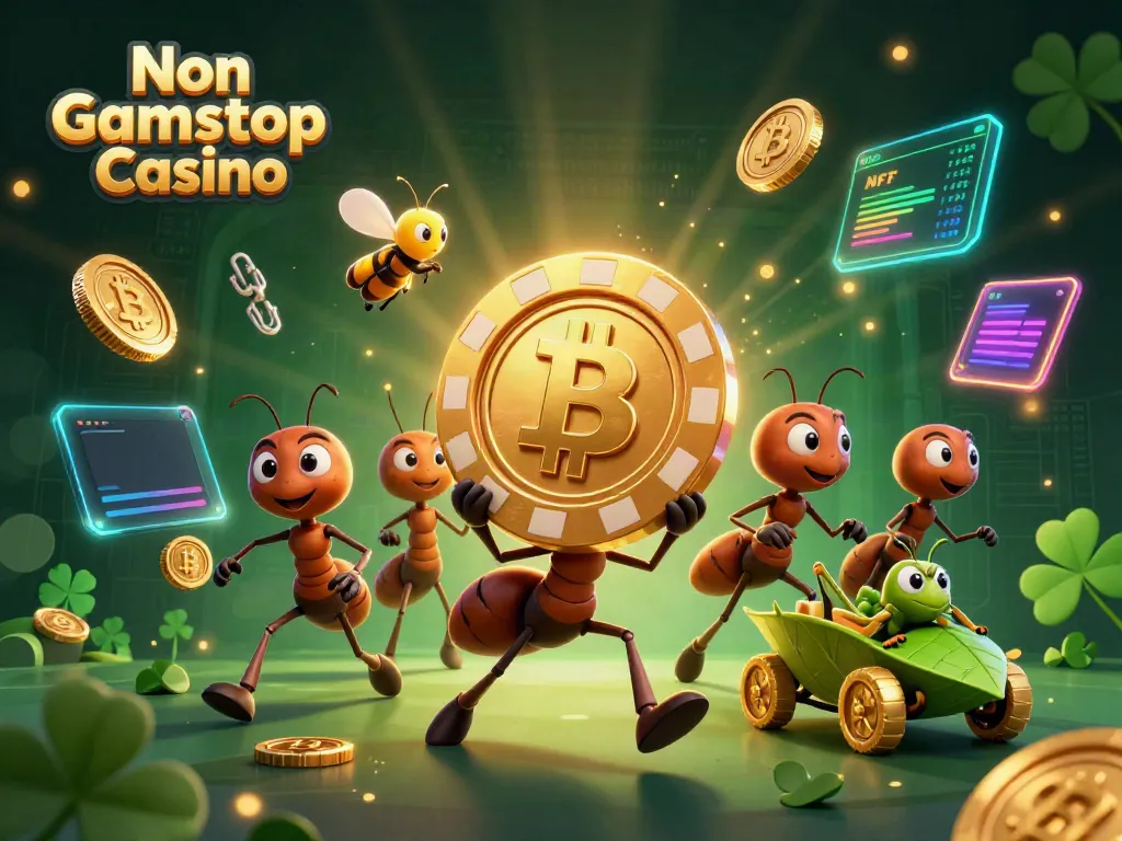 Engage with Non Gamstop Casino's thrilling heist scene featuring ants dwarfing a golden poker chip amidst glowing crypto elements.