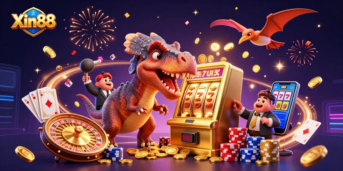 Xin88 jackpot scene featuring a dinosaur theme and dynamic casino elements.
