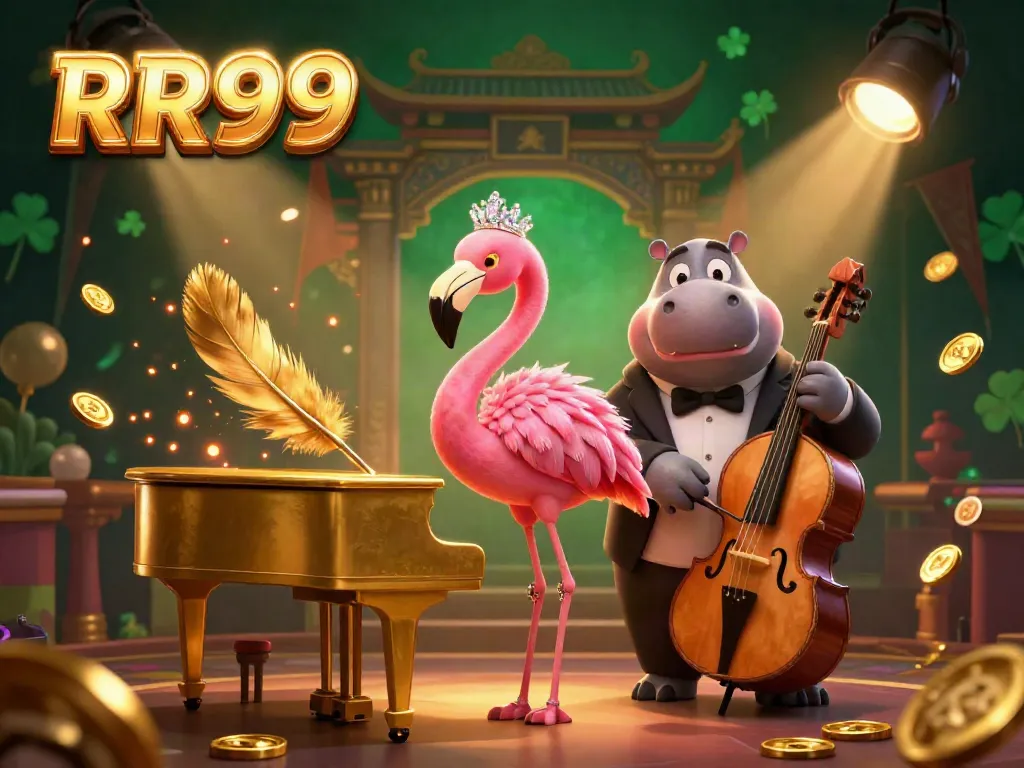 Engage with RR99's vibrant casino-themed world featuring a flamingo singer, hippo bassist, and rich gaming elements.