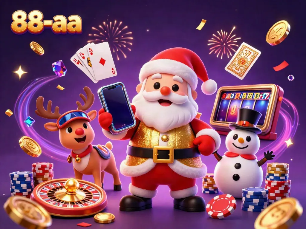 Win big with exciting slots at 88-aa in a festive 3D casino scene featuring Santa and friends!