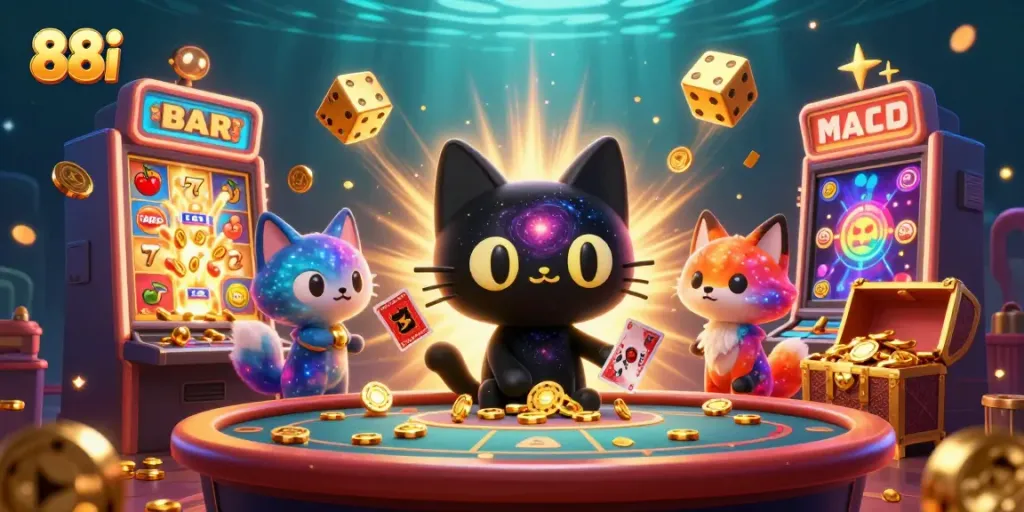 Engage in thrilling 88i casino gaming with a whimsical 3D black hole cat and colorful elements.
