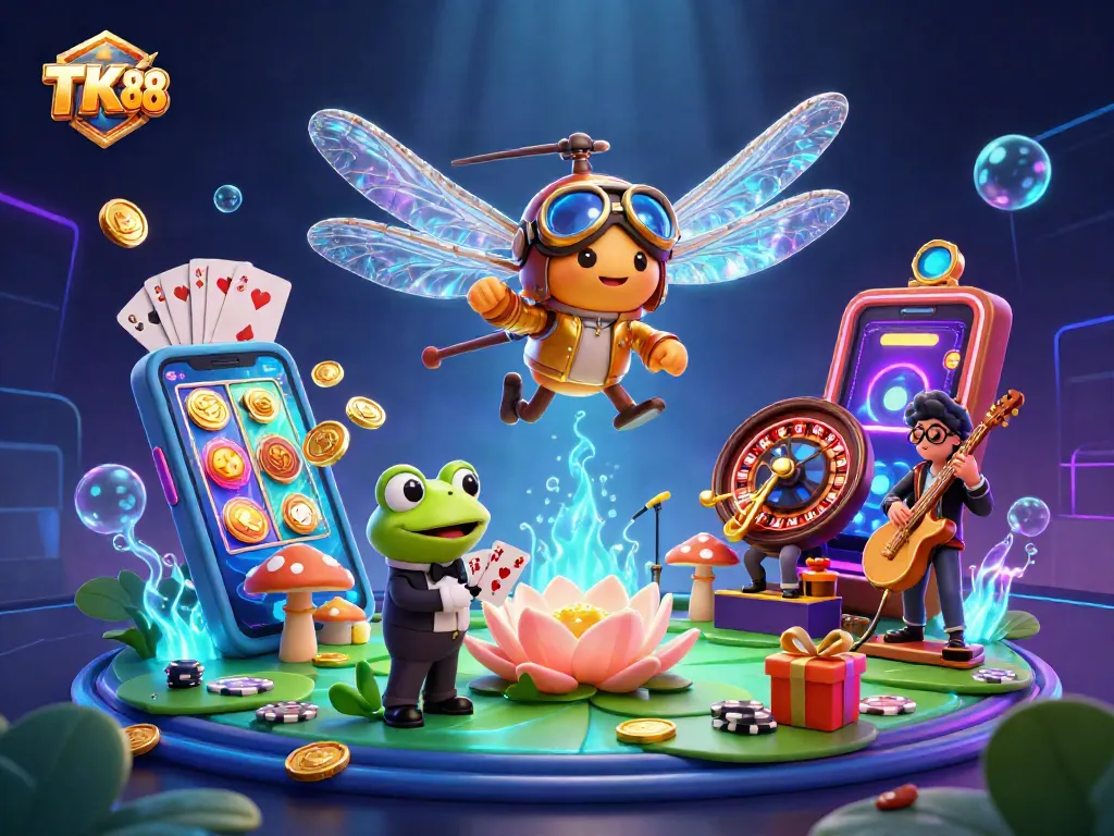Engage with TK 88’s vibrant casino scene featuring lively characters, slot games, and a unique frog croupier.