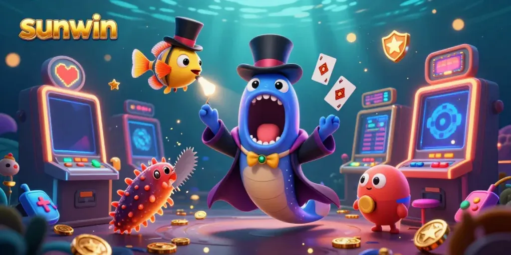 Sunwin's vibrant underwater casino illustration showcases a bioluminescent eel, anglerfish, and colorful slot machines.