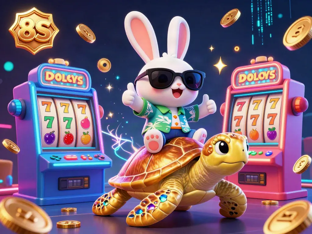 Experience the thrill of 8S gaming with a lucky rabbit and sea turtle amidst colorful slot machines.
