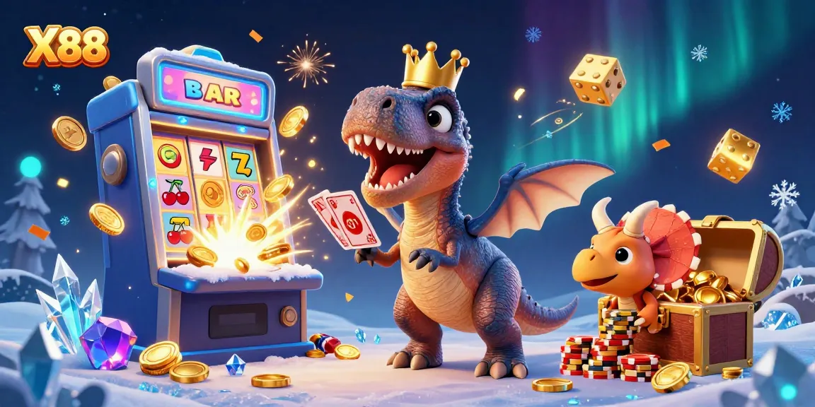X88 T-Rex shuffles cards while a pterodactyl assists, capturing casino excitement with vibrant elements