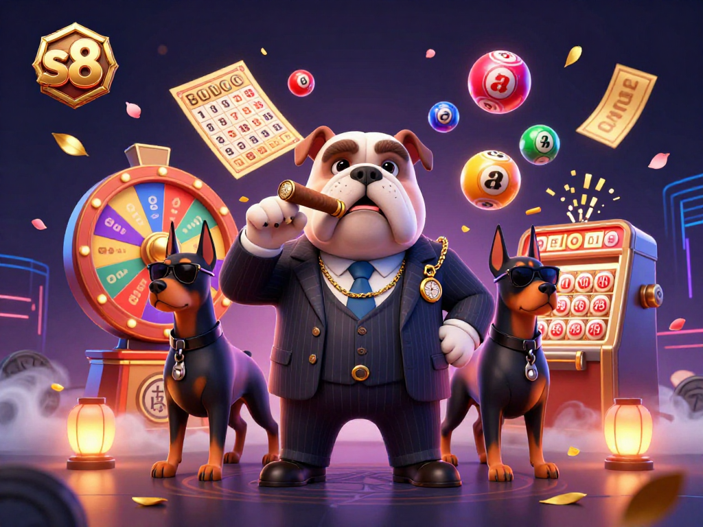 S8 casino's engaging atmosphere showcases a mafia boss bulldog and bodyguards amidst colorful lottery elements.