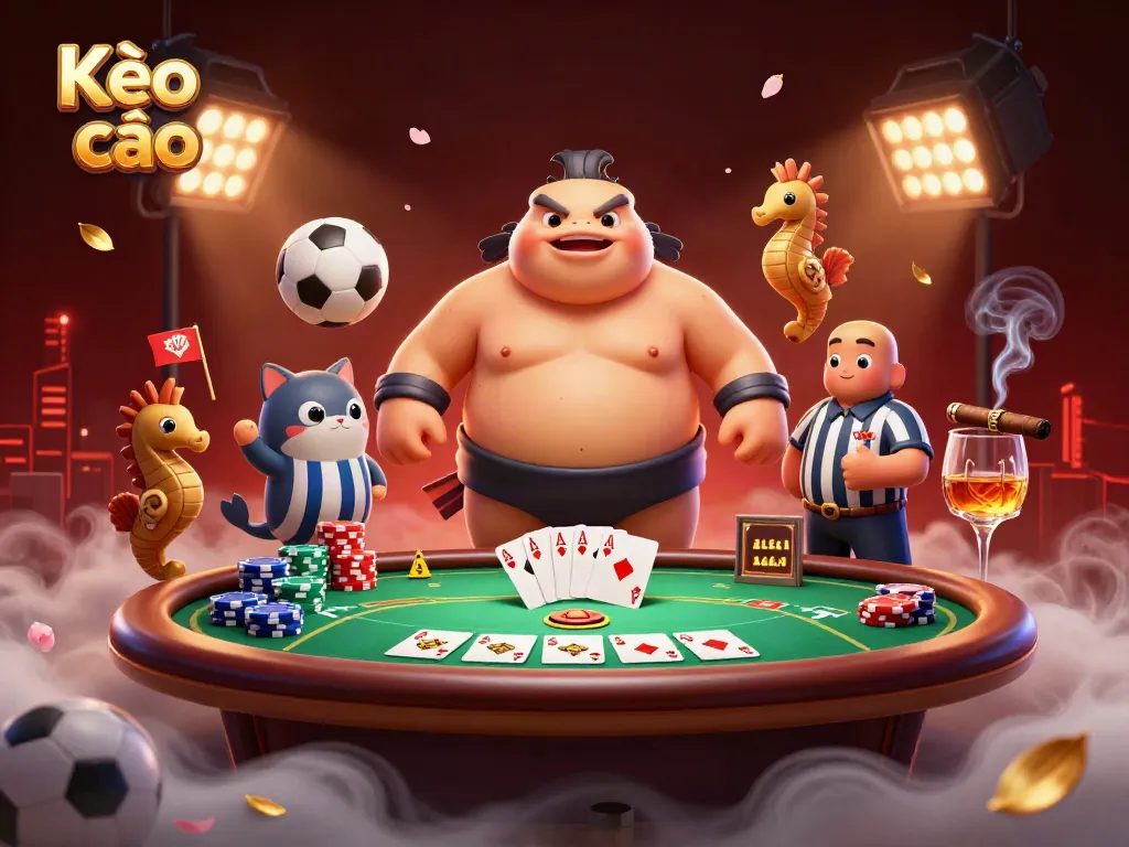 Kèo nhà cái illustration featuring a 3D cartoon fugu in a sports betting theme, showcasing vibrant action elements.