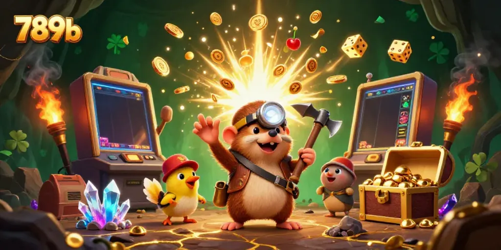 Engage in thrilling jackpots at 789b with a 3D illustration of a treasure-hunting mole and dynamic casino elements.