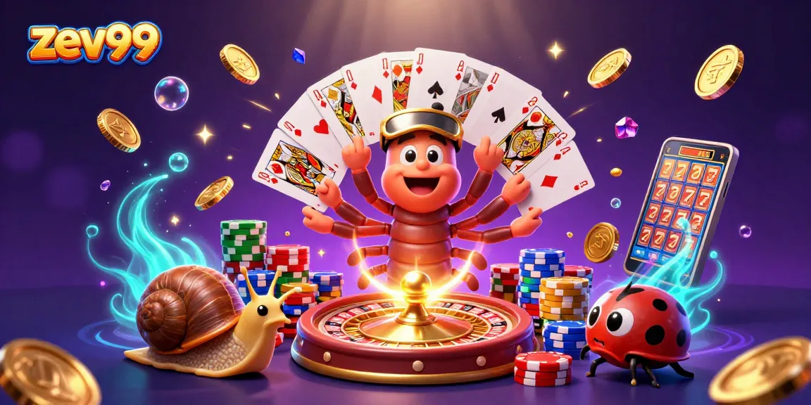 Play exciting casino games at zev99 with a unique cartoon scene featuring a millipede dealer, snail high-roller, and pill bug.