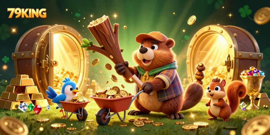 Experience excitement with 79KING as characters celebrate amidst a cascade of gold coins and treasures.