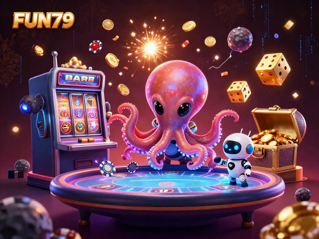 Experience FUN79's vibrant gaming atmosphere with an alien octopus at a poker table.
