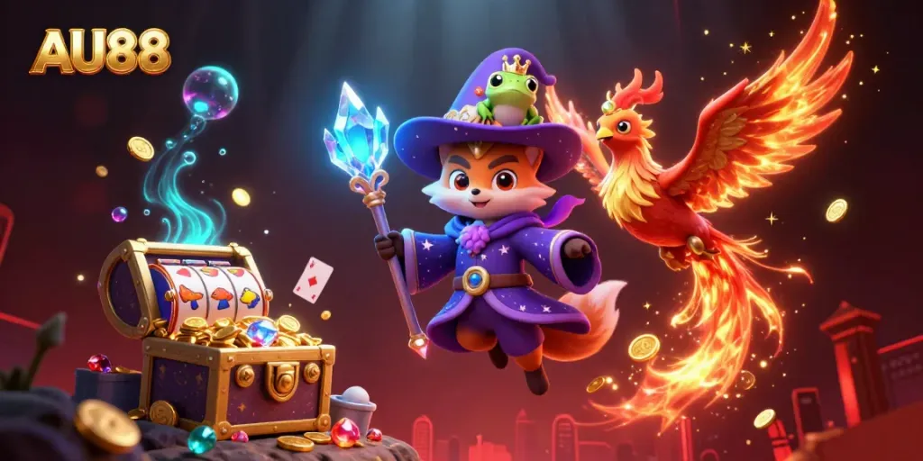 Experience the thrill of AU88 with a mystical wizard fox, phoenix, and treasure-filled slot games.