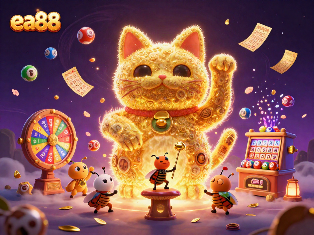 ea88 celebrates luck with a golden cat and vibrant casino elements in a dynamic 3D scene