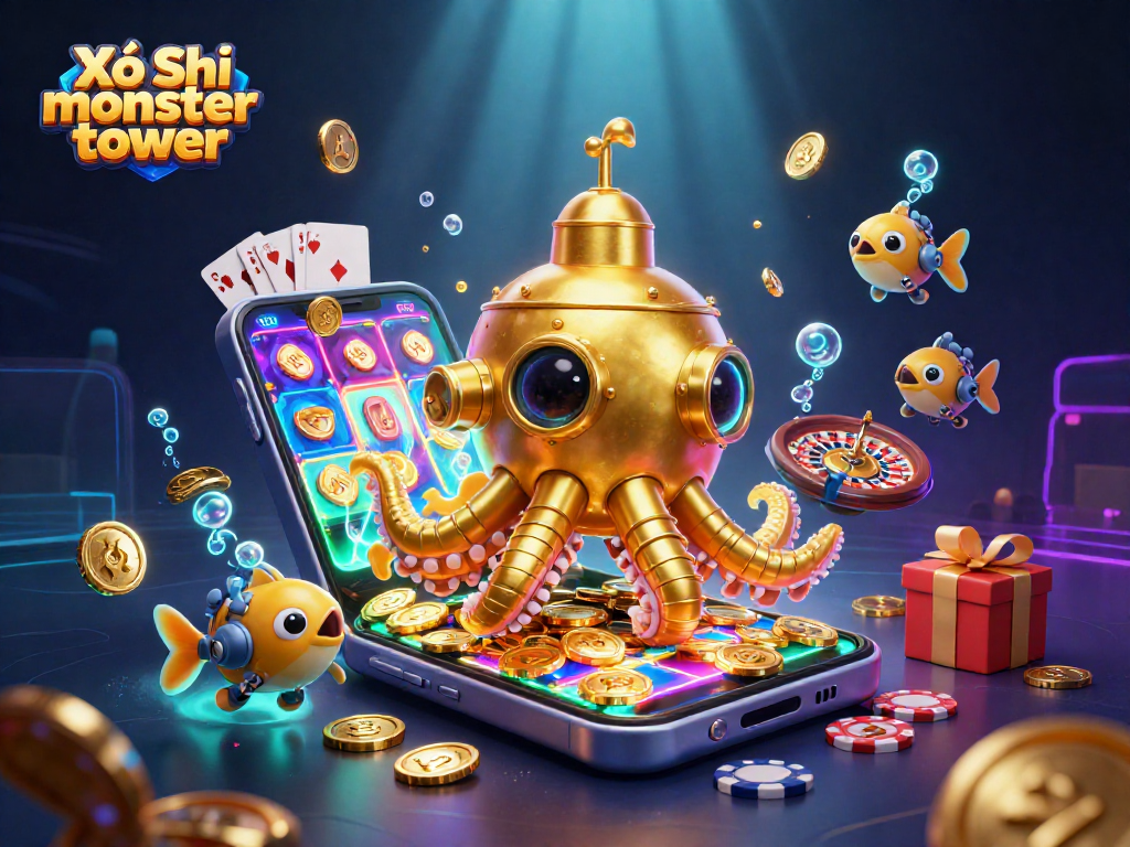 Xổ Số monster tower reveals an exhilarating scene of a golden kraken and mechanical fish around slot game elements.
