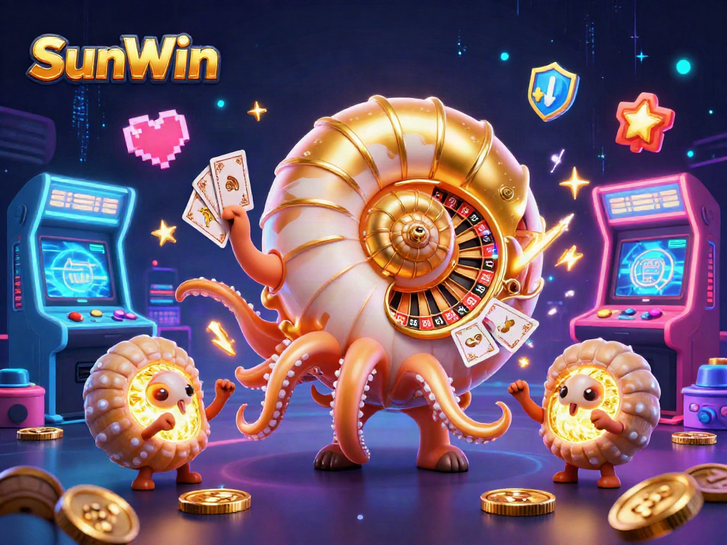 Try your luck at SunWin with a dazzling 3D casino scene featuring vibrant gaming elements.
