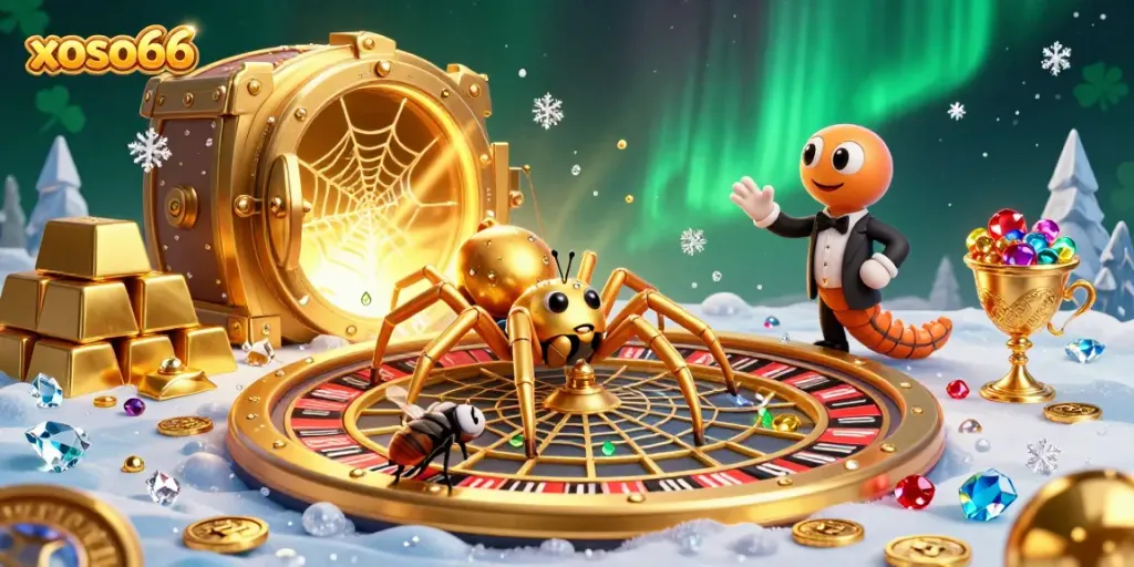 Engage with xoso66 as a golden spider spins a roulette wheel web while a fly bets at the edge.