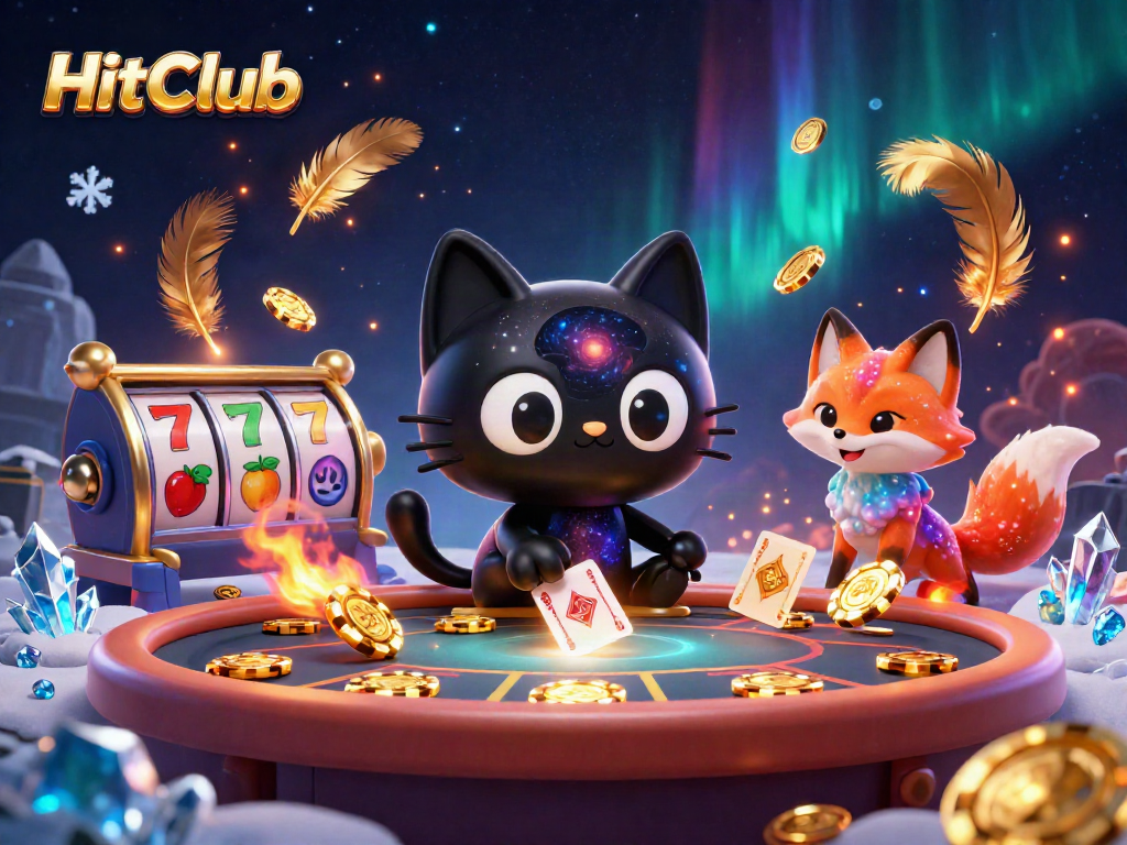 HitClub attracts players with a vibrant cosmic casino scene featuring a black hole cat captivating golden chips.