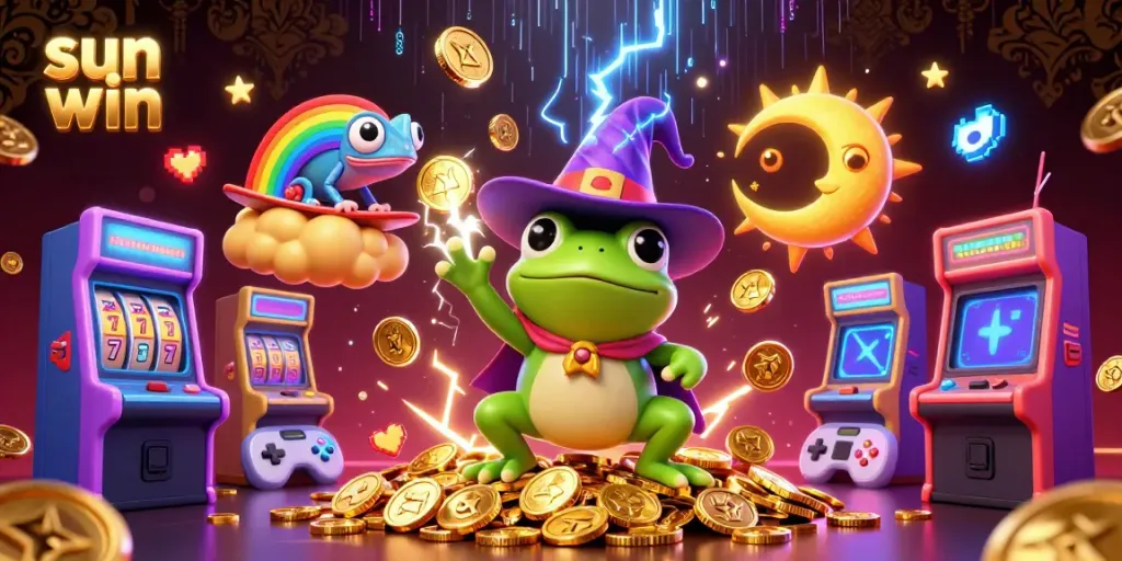 Experience the excitement of winning with Sun Win's vibrant 3D casino illustration, showcasing colorful game elements.