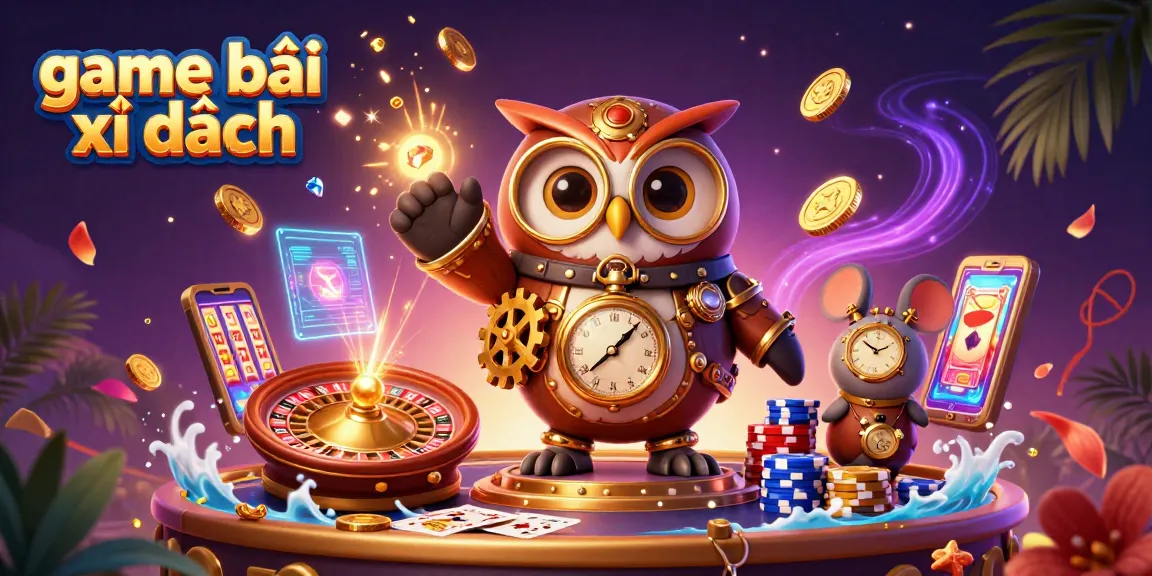 Engage in game bài xì dách with a vibrant 3D casino scene featuring animated owl and mouse.