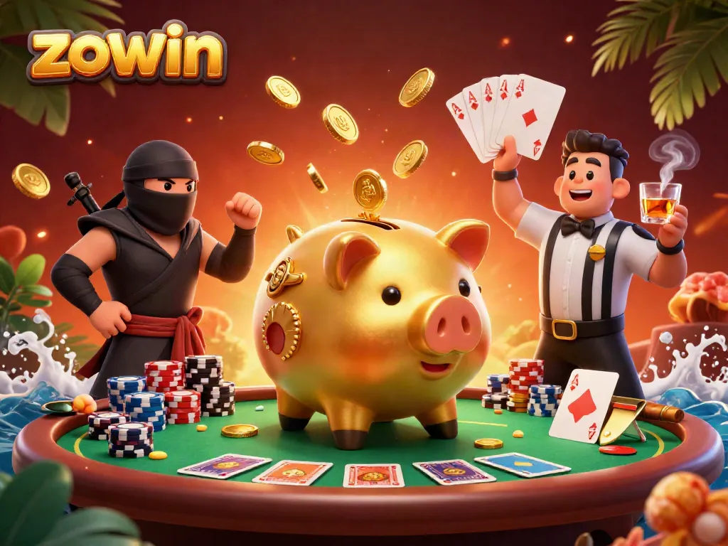 Experience exhilarating action at Zowin with a sumo wrestler, ninja opponent, and referee amid vibrant gambling chaos.