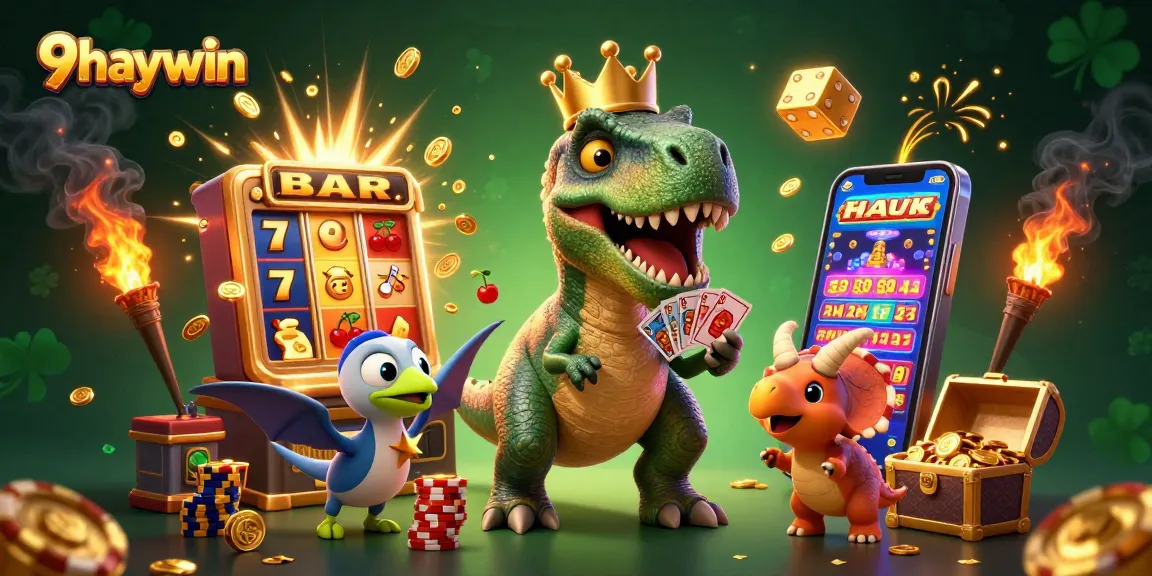 Experience thrilling gameplay at 9haywin with exciting slots, surrounded by animated characters and vibrant casino elements.