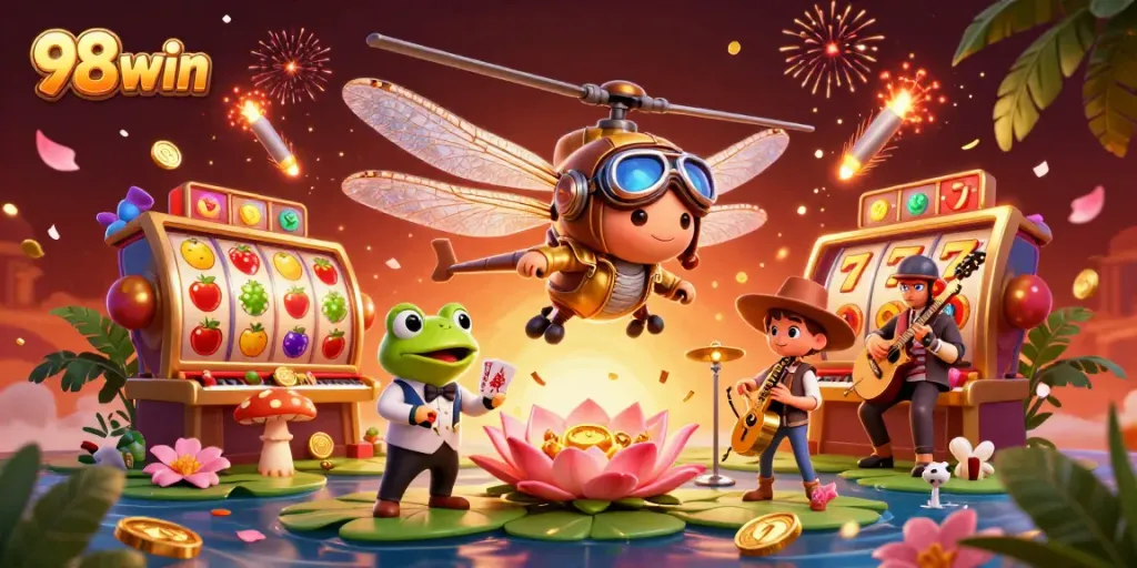 Win big at 98win with a lively illustration featuring dragonflies, frogs, and slot reels in a vibrant casino scene.