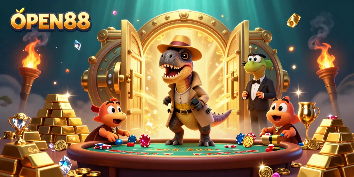 Experience the vibrant energy of OPEN88 with a velociraptor card counter and a stegosaurus pit boss in a dynamic casino scene.