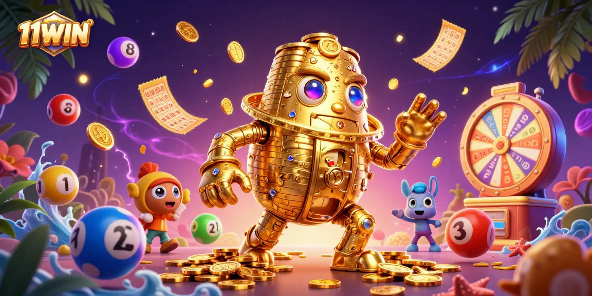 Experience the thrill of 11WIN with an animated casino scene featuring colorful lottery balls and a golden golem.