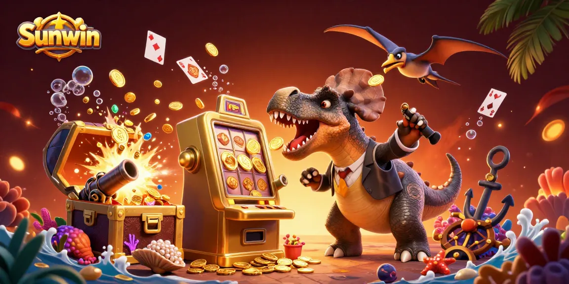 Sunwin casino scene with a dinosaur winning coins from a slot machine amidst vibrant slot elements and treasures.