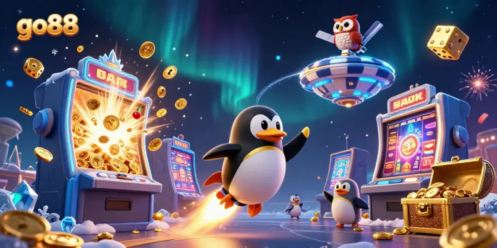 Experience thrilling gaming at go88 with a vibrant 3D casino scene featuring a penguin and jackpot elements.