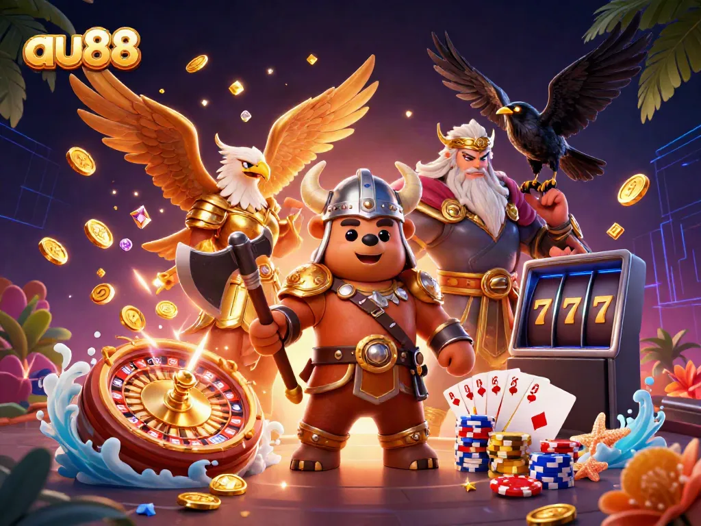 Experience thrilling gameplay with au88, featuring a Viking bear, Valkyrie eagle, and fantastic casino elements.