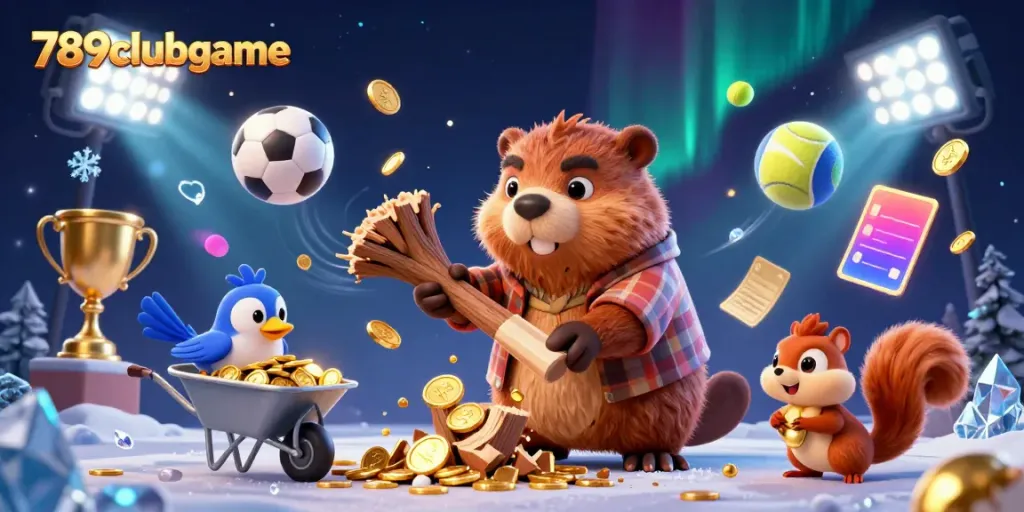 Engaging 3D scene of 789clubgame featuring playful beaver, bird, and squirrel amidst gold coins and sports balls, depicting online gambling excitement.
